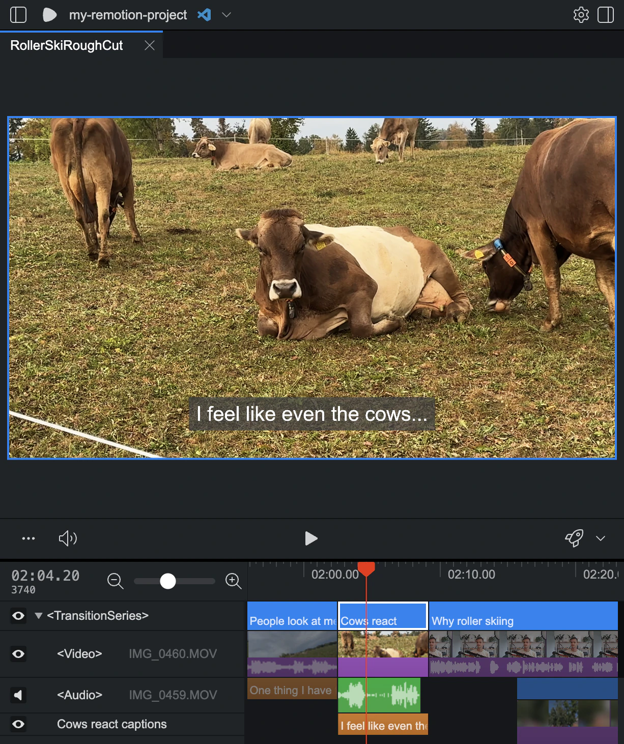 A countryside scene with cows in a Remotion Studio project named my-remotion-project, with the editing timeline visible.